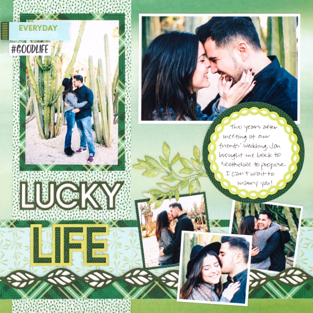 Green scrapbook layout with five photos, journaling and a title.