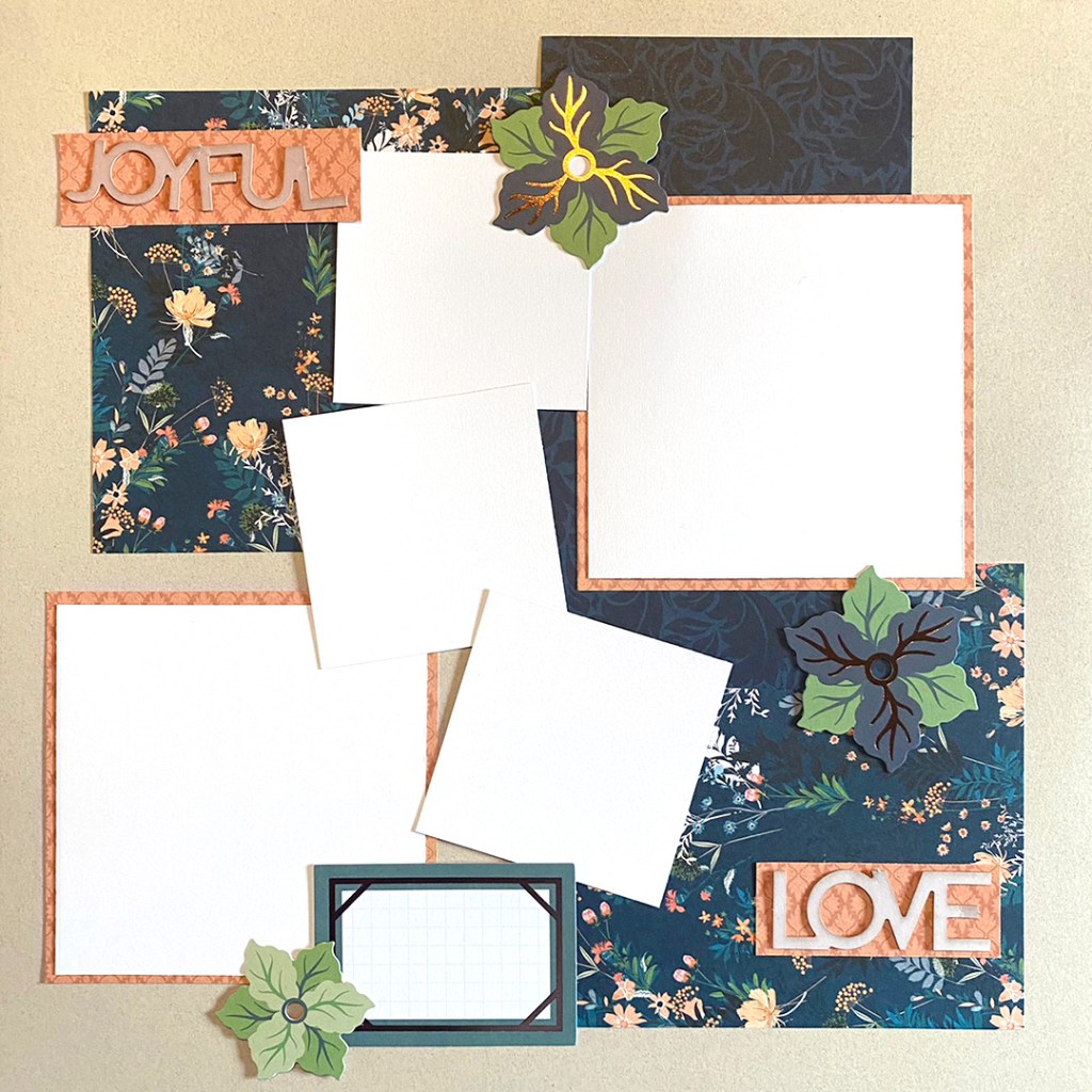 One-page layout example with five square photo placeholders.
