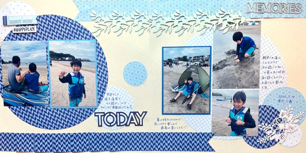 Two-page blue-themed layout with five photos and background circles.