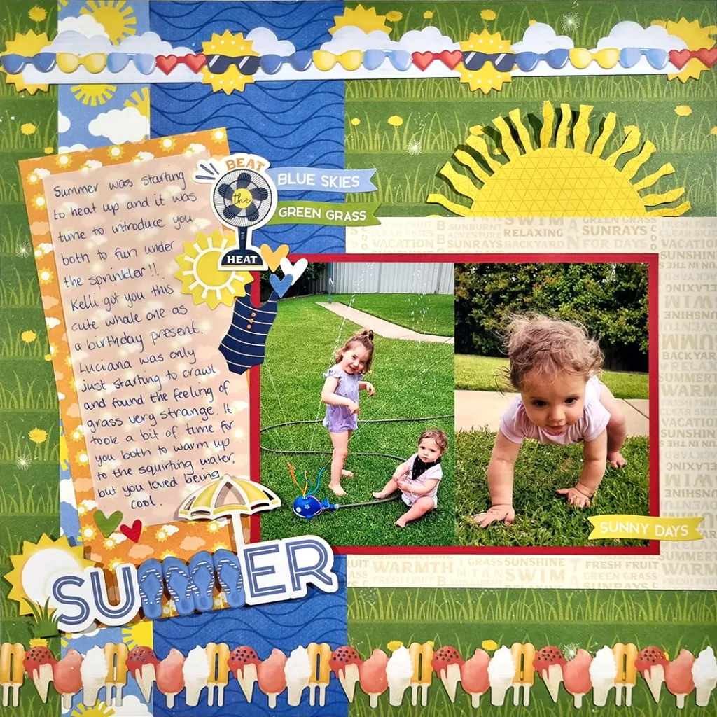 Summer-themed one-page scrapbook layout with two photos, journaling and embellishment clusters.