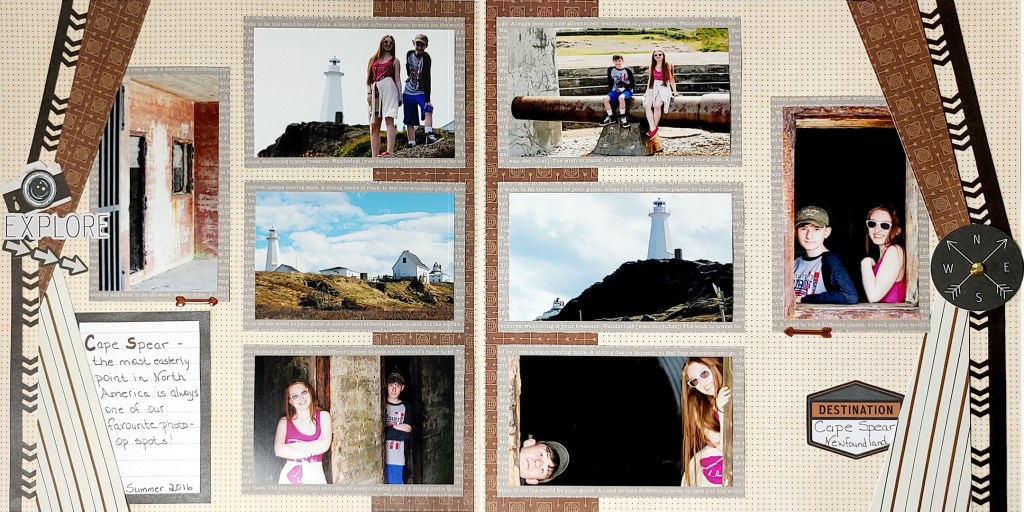 Two-page example layout featuring travel-themed scrapbooking products with eight photos.