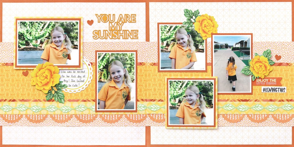 Two-page yellow layout with five photos and flower embellishments.