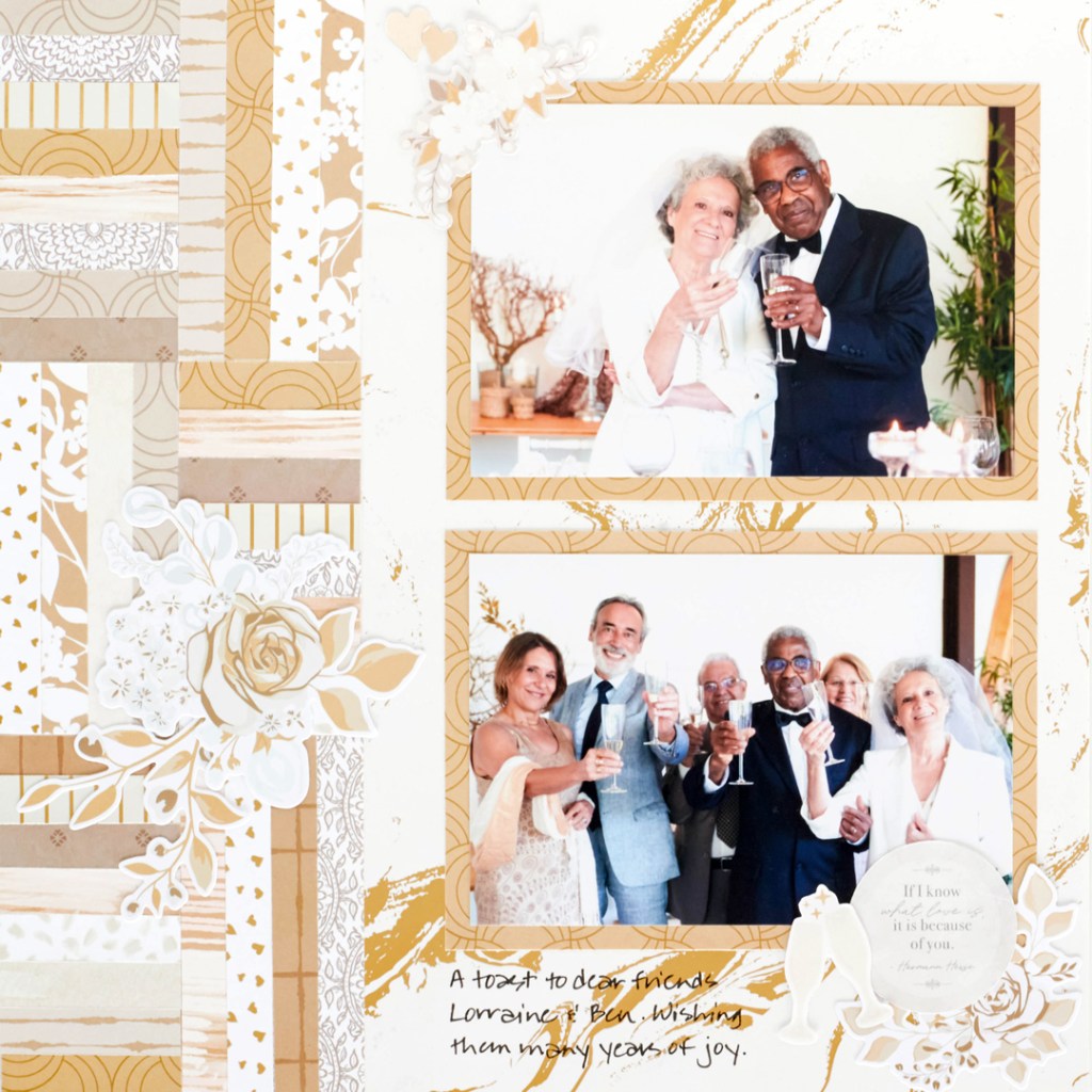 Anniversary layout with two photos and white and gold rose embellishments.