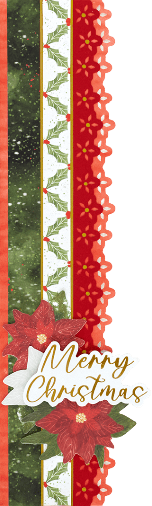 Vertical Christmas scrapbook border with red poinsettia punch edges and embellishments.