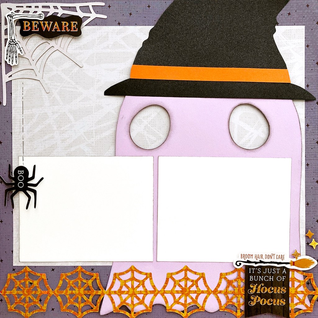 Halloween themed layout with a large ghost background and placeholders for two photos.