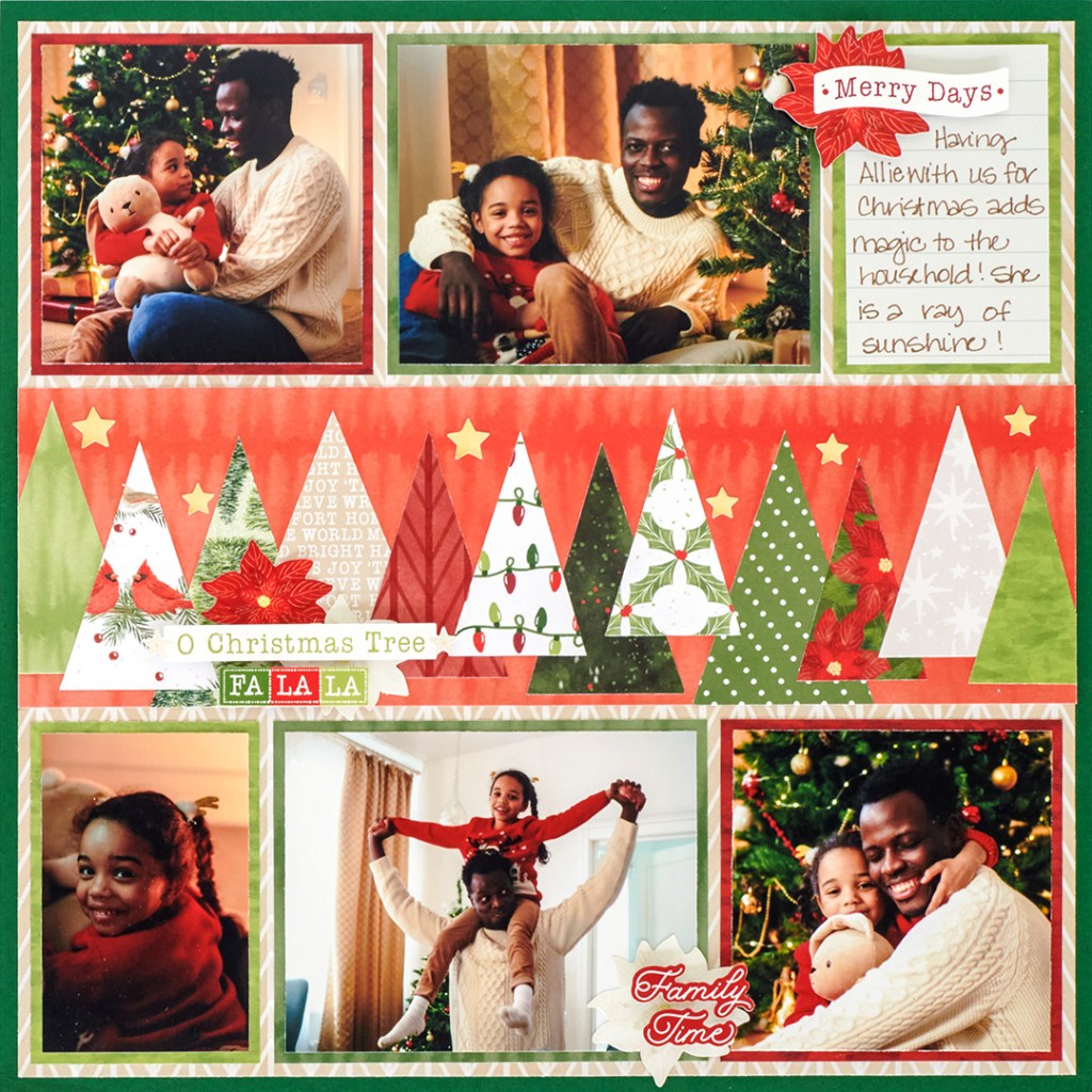 Christmas layout with five photos of a dad and daughter sitting in front of the Christmas tree.