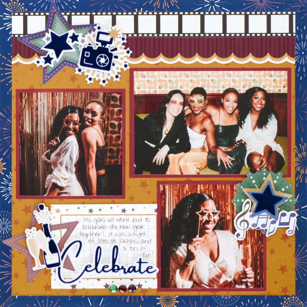 Party-themed layout with three photos and journaling, plus star and firework embellishments.