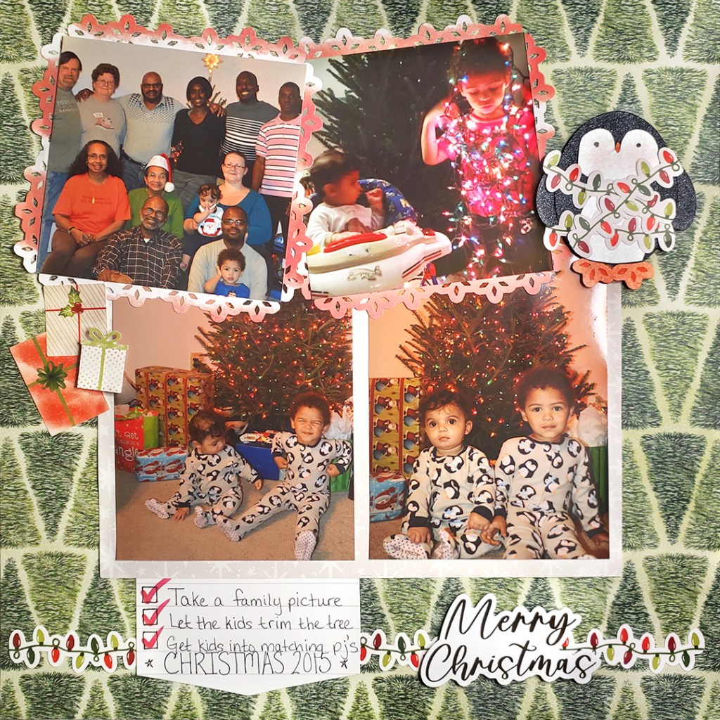 Christmas-themed layout with four photos, journaling and a small penguin embellishment.