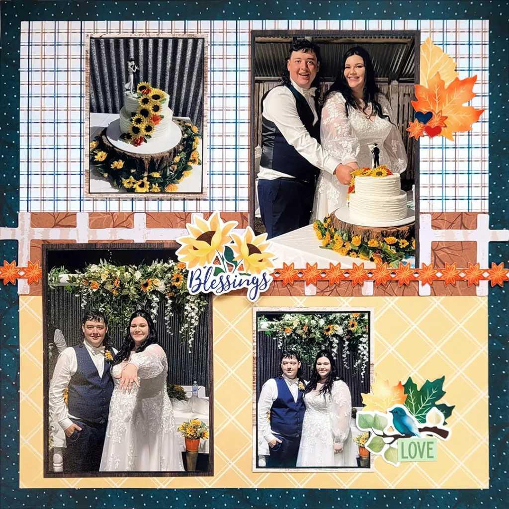 Wedding scrapbook layout with four photos of the bride and groom and adorned with flower and leaf embellishments.