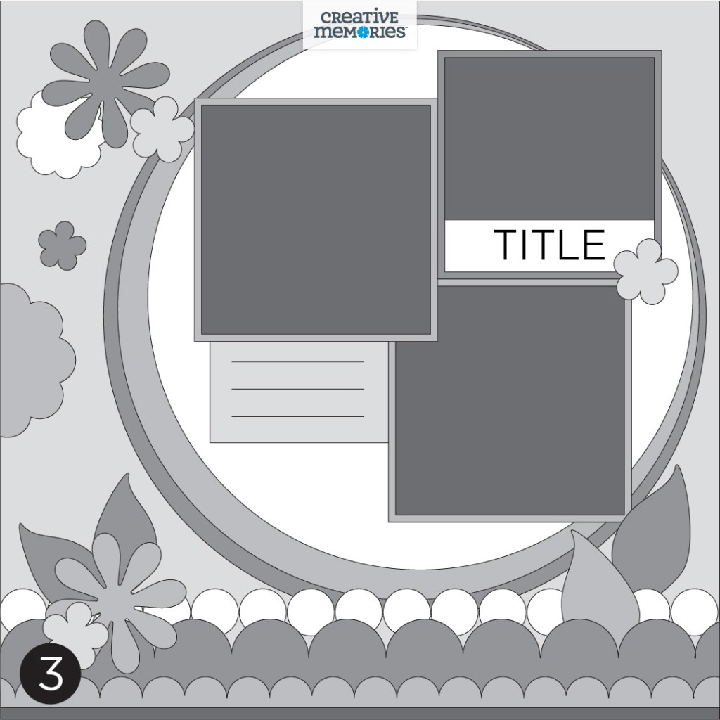 Tonal gray one page sketch with three photos, one journal box, a title and embellishments.