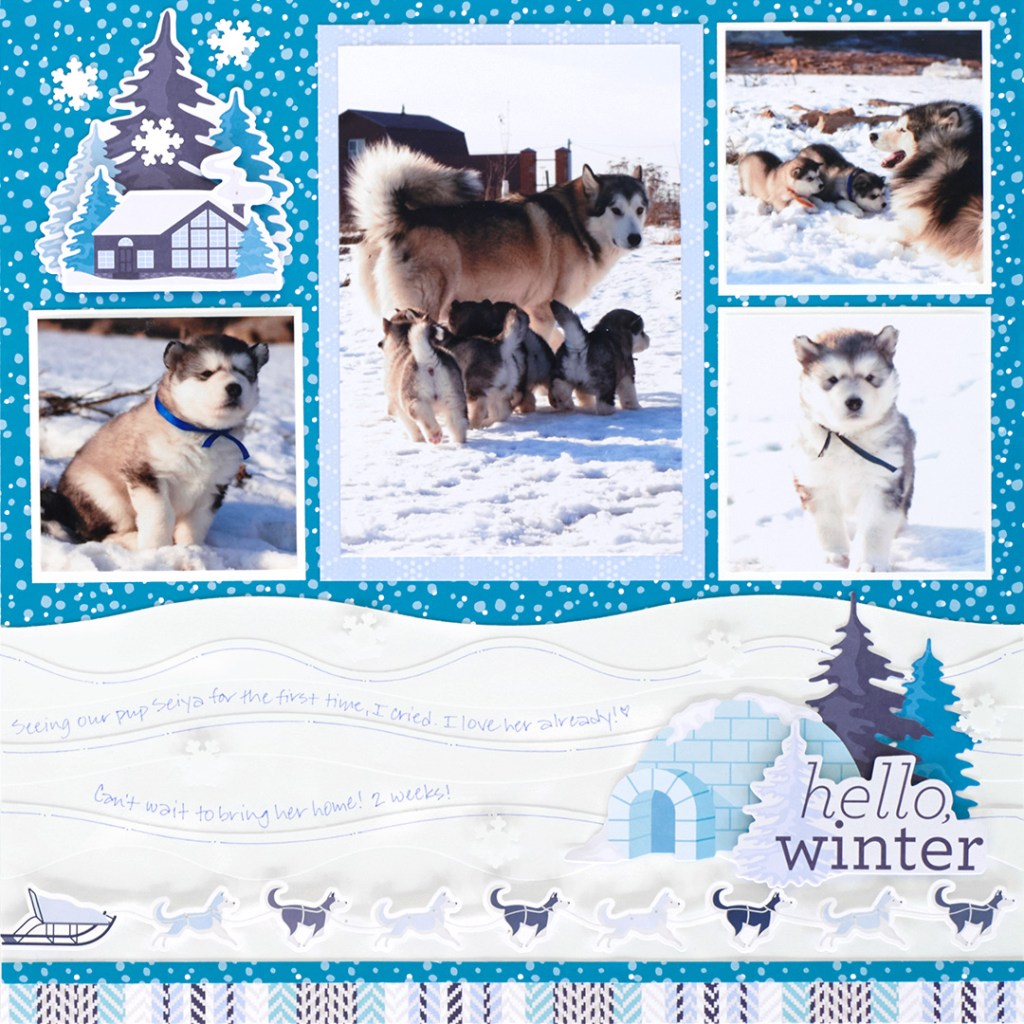 Winter themed scrapbooking layout with four photos of a husky with her puppies and embellishments.
