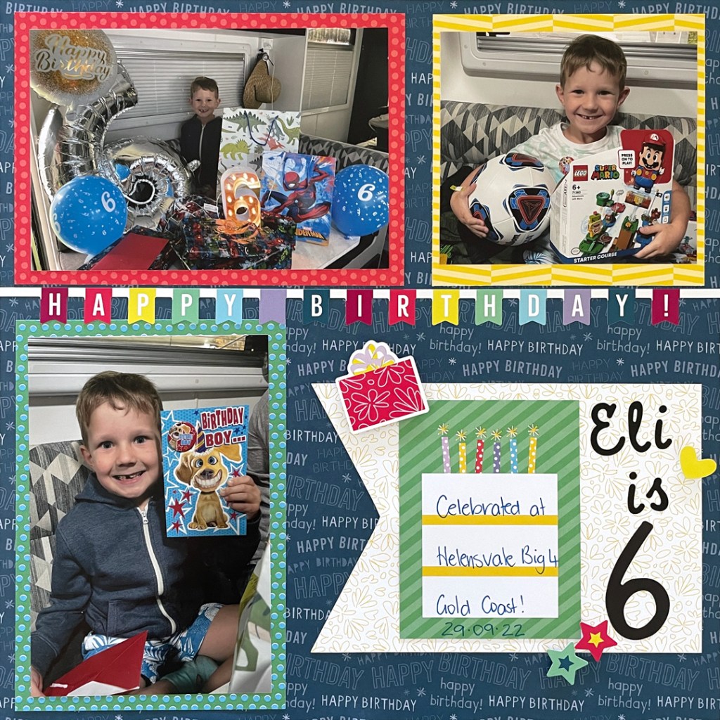 Birthday themed one page layout with three photos of a birthday boy and happy birthday embellishments.