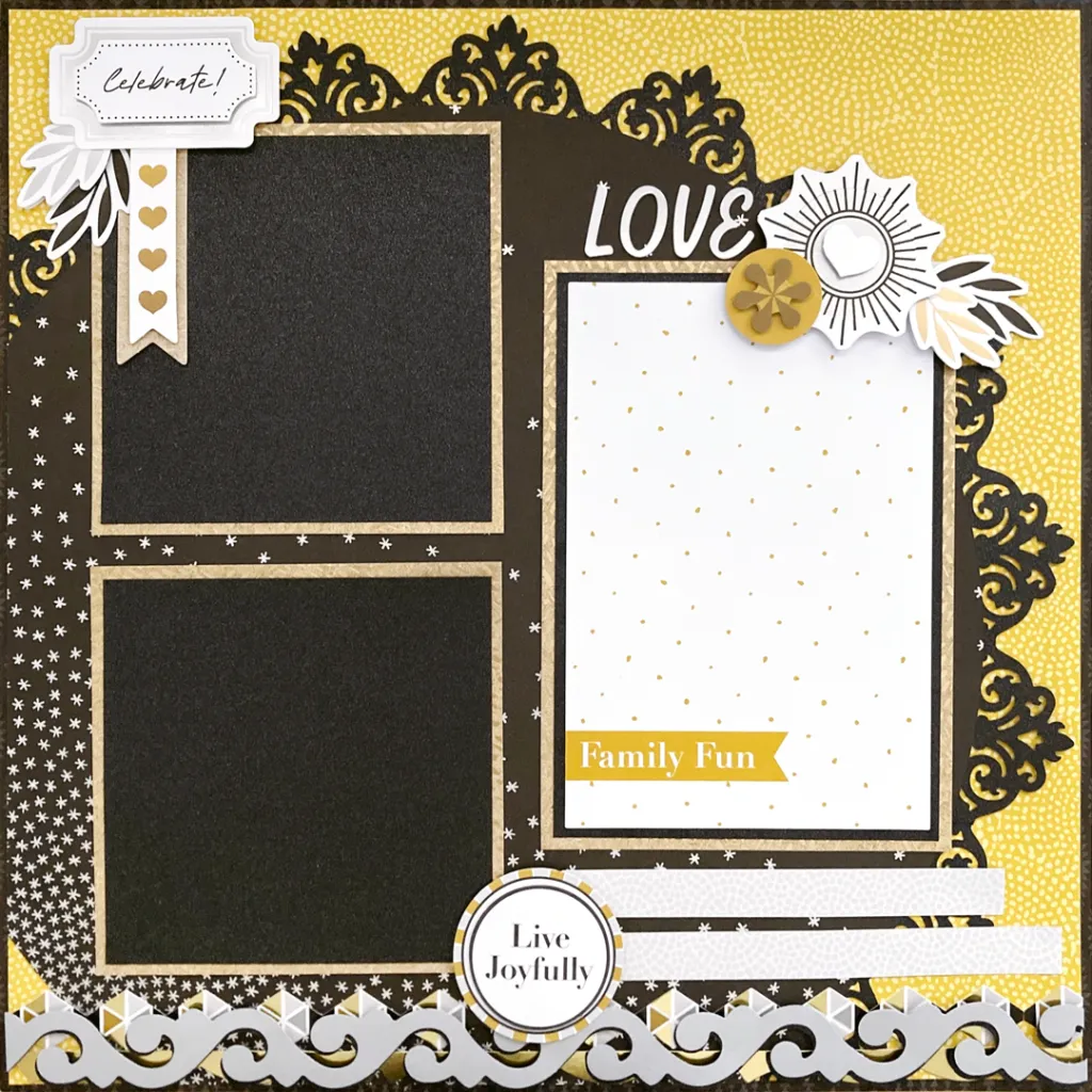 Silver and gold themed scrapbook layout with three photo placeholders, embellishments and a decorative border.