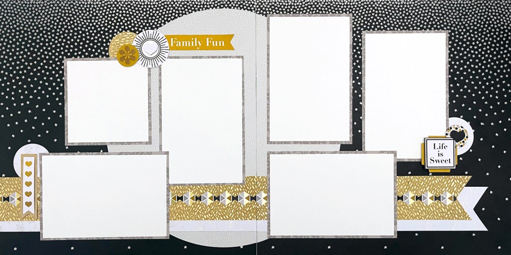 Silver & Gold example two-page spread with six photo placeholders, stickers and embellishments.