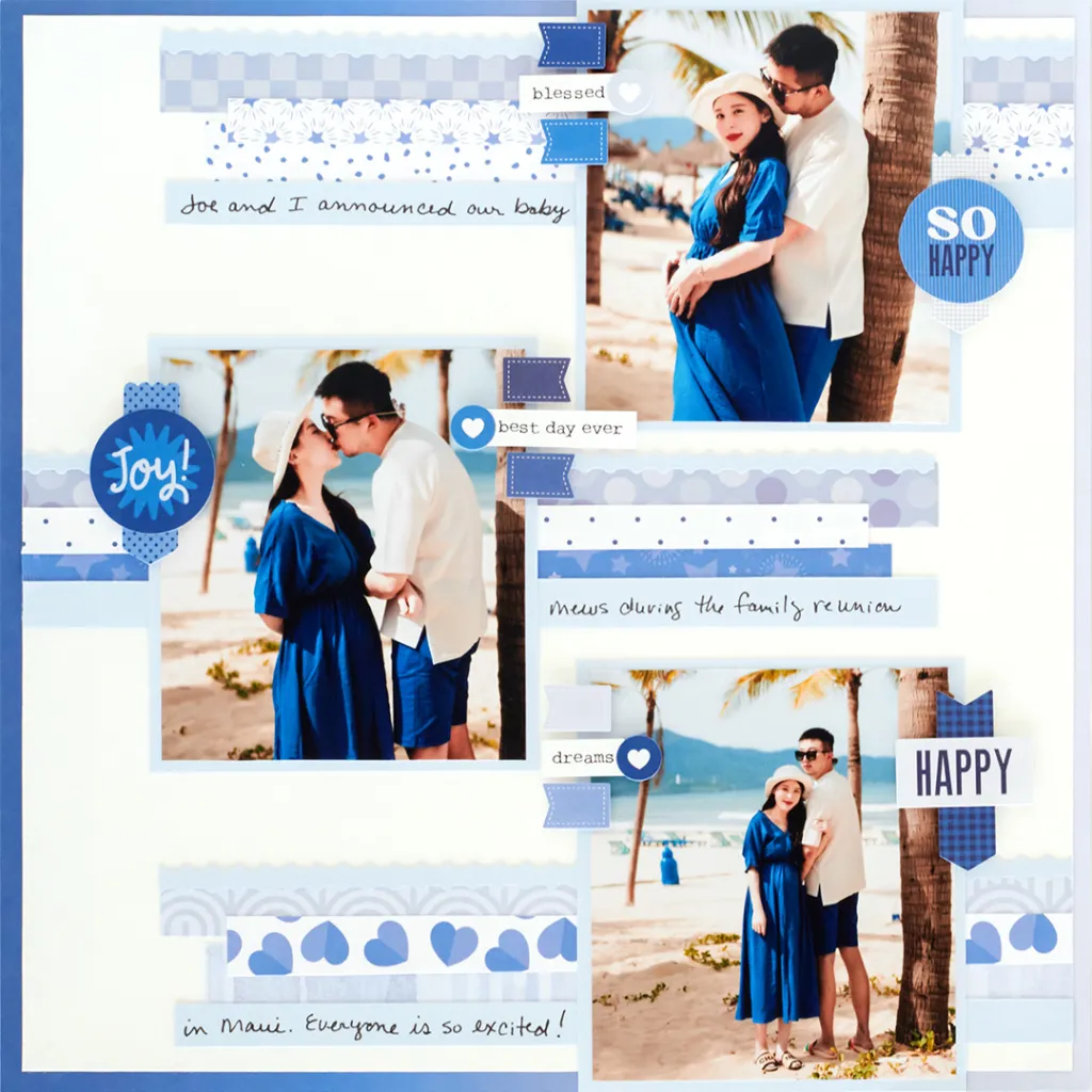 Baby blue scrapbook layout with three photos of a happy couple and journaling.