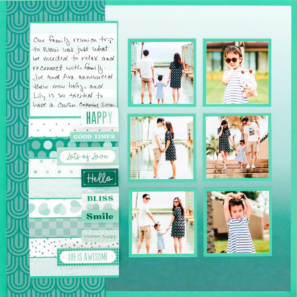 Teal scrapbook layout with six square photos of a family, a journaling box and stickers.
