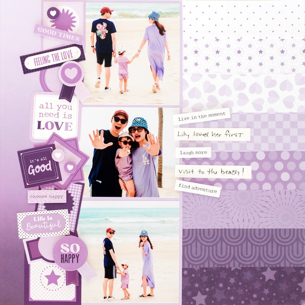 Purple scrapbook layout with three photos of a family on the beach and sticker clusters along the left-hand side of the page.