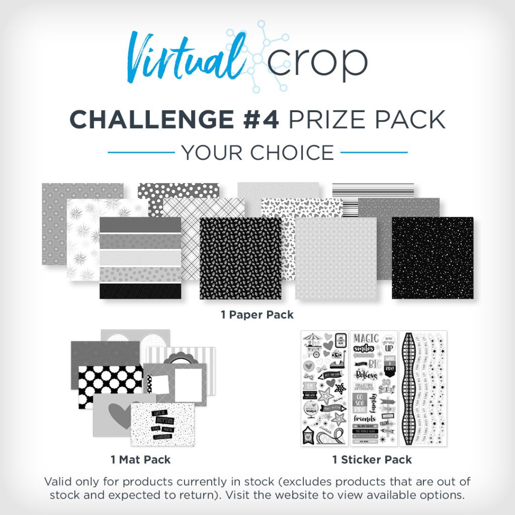 Virtual Crop challenge 4 prize pack is your choice of 1 paper pack, 1 mat pack and 1 sticker pack. Valid only for products currently in stock and excludes products that are out of stock and expected to return. Visit the website to view available options.