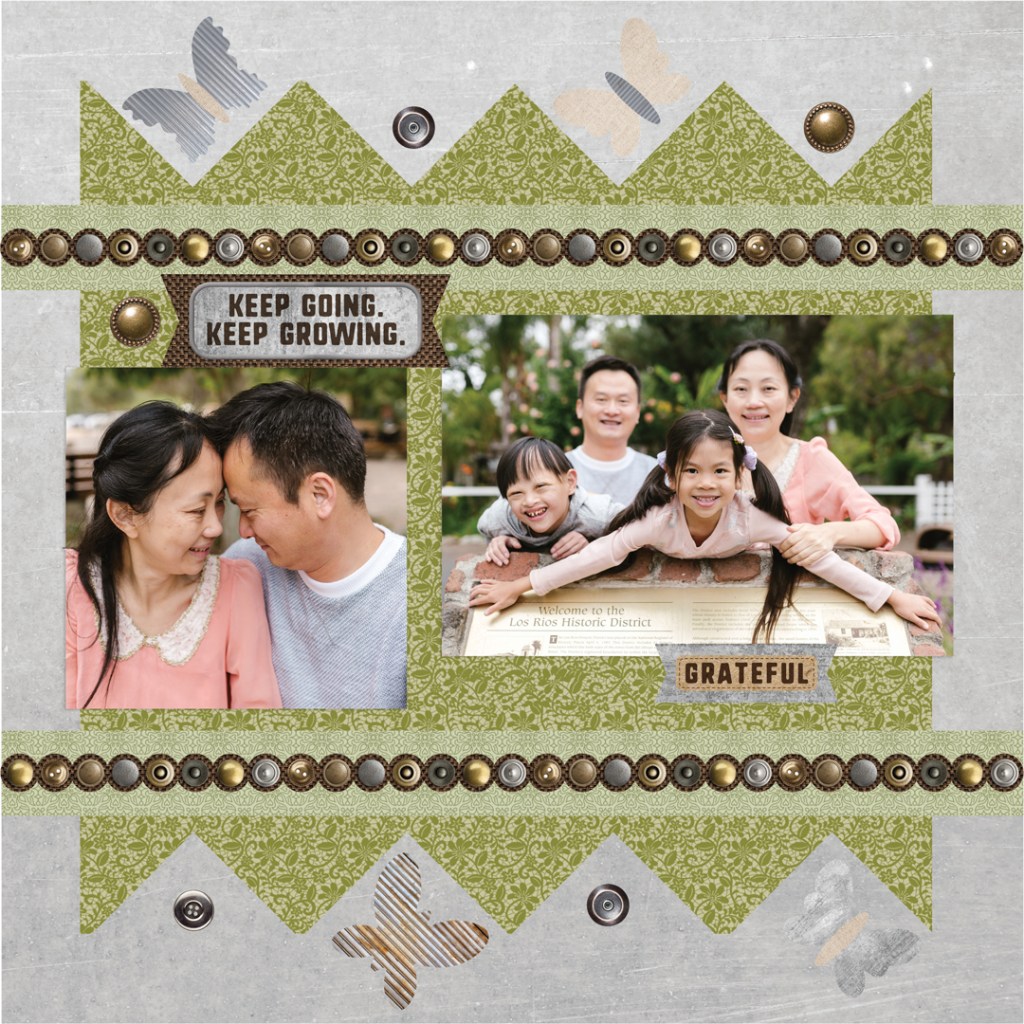 One-page layout with two photos of a family, decorative button and butterfly embellishments and title stickers.