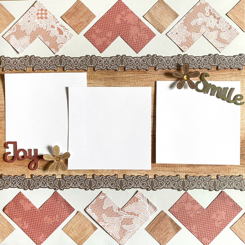 One-page layout with three photo placeholders, embellishments, decorative chevron and square cutouts and layered borders.