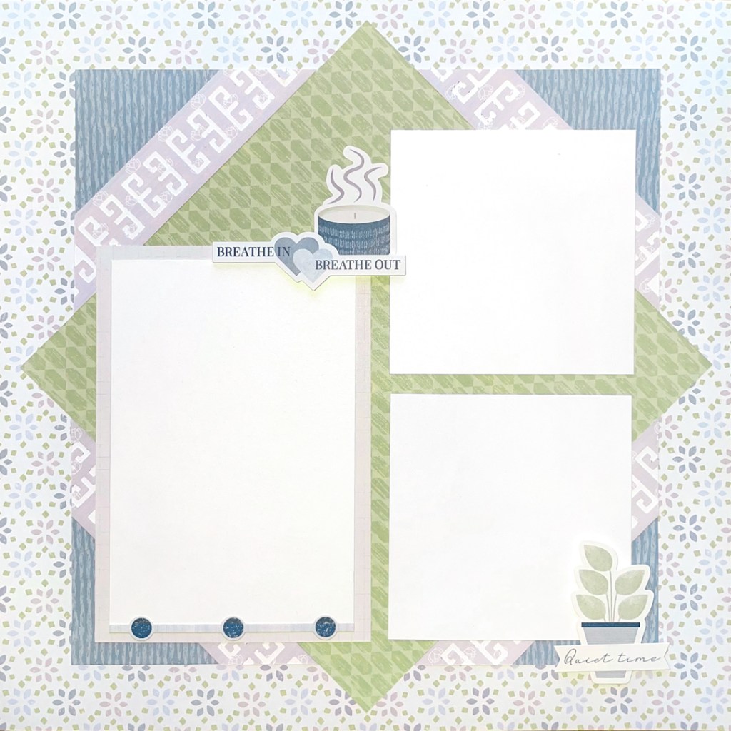 Tranquil-themed scrapbooking layout with 3 photo placeholders, layered paper for a background and embellishments.