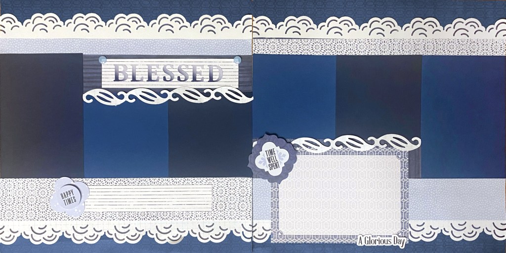 Blue colored two-page spread with 7 photo placeholders, decorative borders and embellishments.