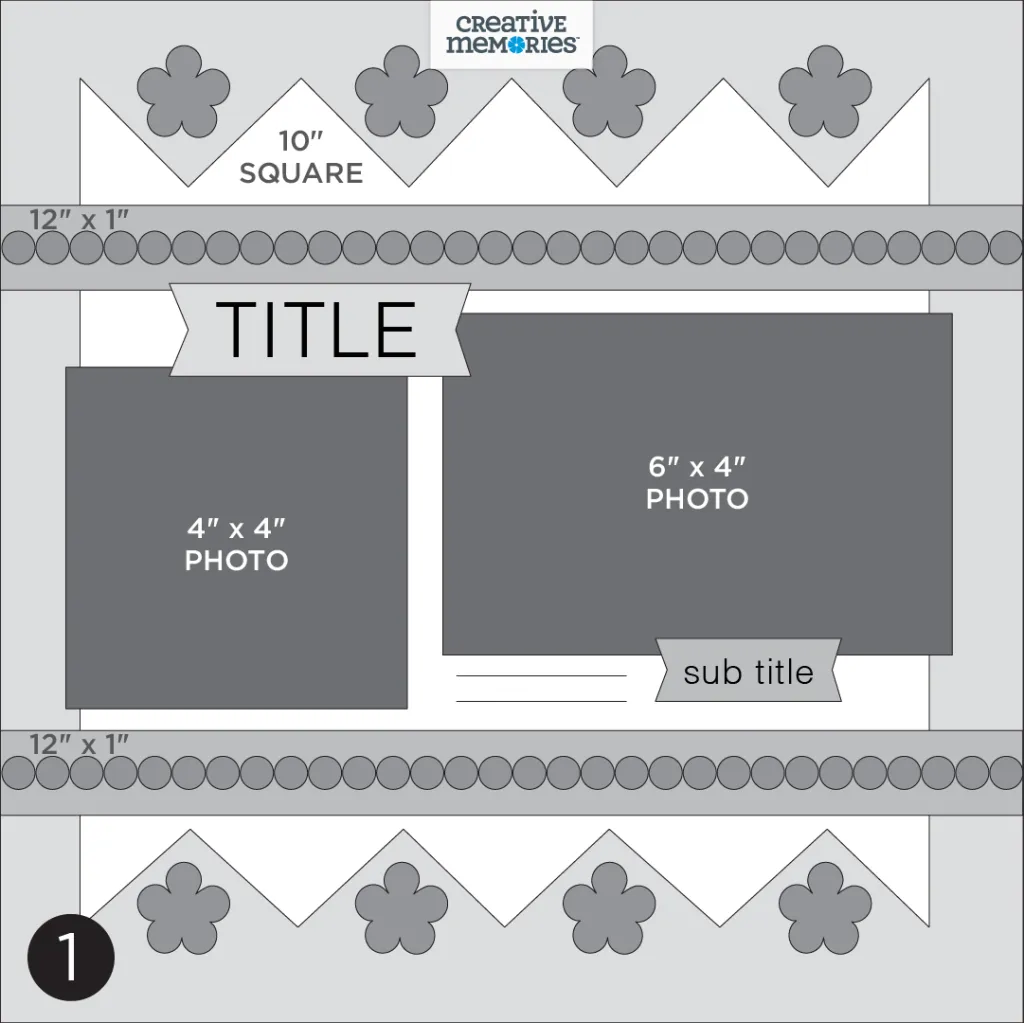 Gray tonal one-page sketch with two photo placeholders, title, embellishments and borders.