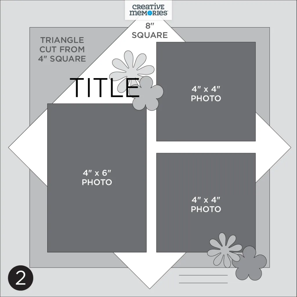 Gray tonal one-page scrapbooking sketch with three photo placeholders, layered paper as a background, title and embellishments.