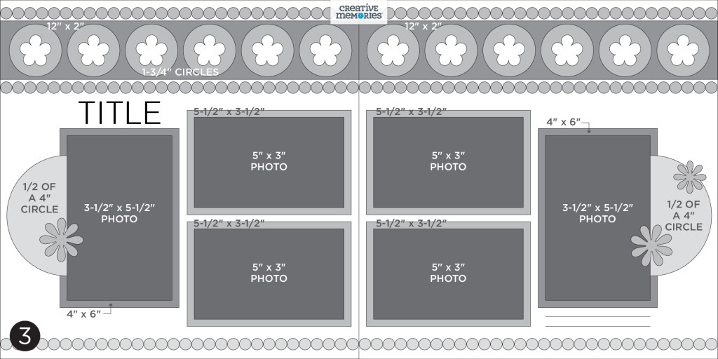 Gray tonal two-page scrapbooking sketch with placeholders for 6 photos, a title and decorative border along the top of the pages.