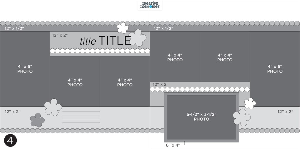 Two-page gray tonal scrapbooking sketch with placeholders for 7 photos, borders, journaling, title and embellishments.