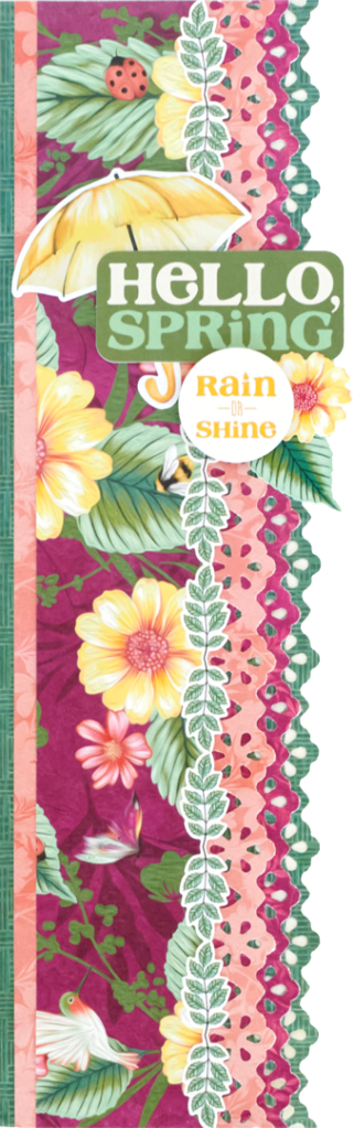 Vertical spring scrapbooking border with a floral cutout punch, floral paper, and spring-themed stickers.