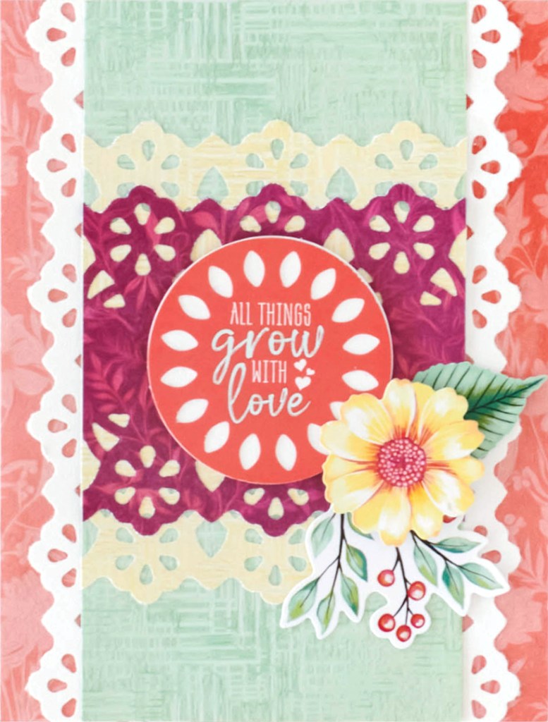 Love-themed card with floral cutouts from a border punch, floral stickers and a title that says all things grow with love.