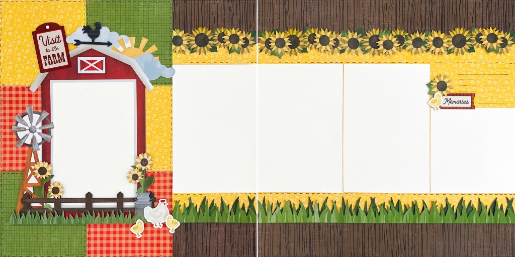 Farm themed two-page spread with five photo placeholders, a decorative barn embellishment, journaling and laser borders.