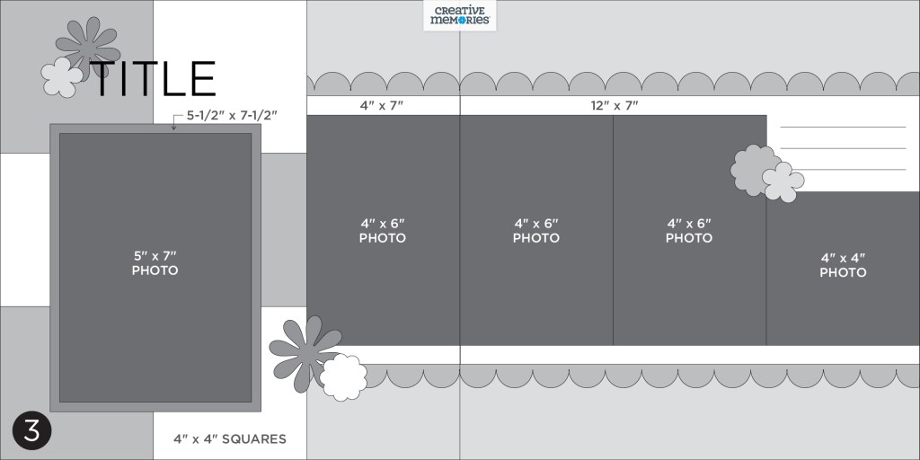 Two-page gray tonal sketch with five photo placeholders, quilted-pattern background, journaling and embellishments.