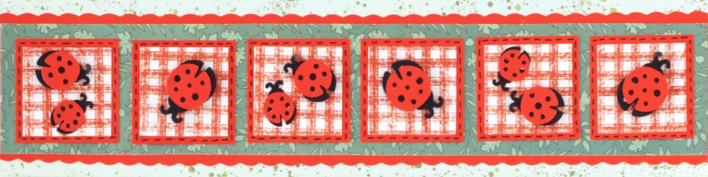 Ladybug-themed horizontal scrapbook border with layered paper and ladybug punch outs on red gingham squares.