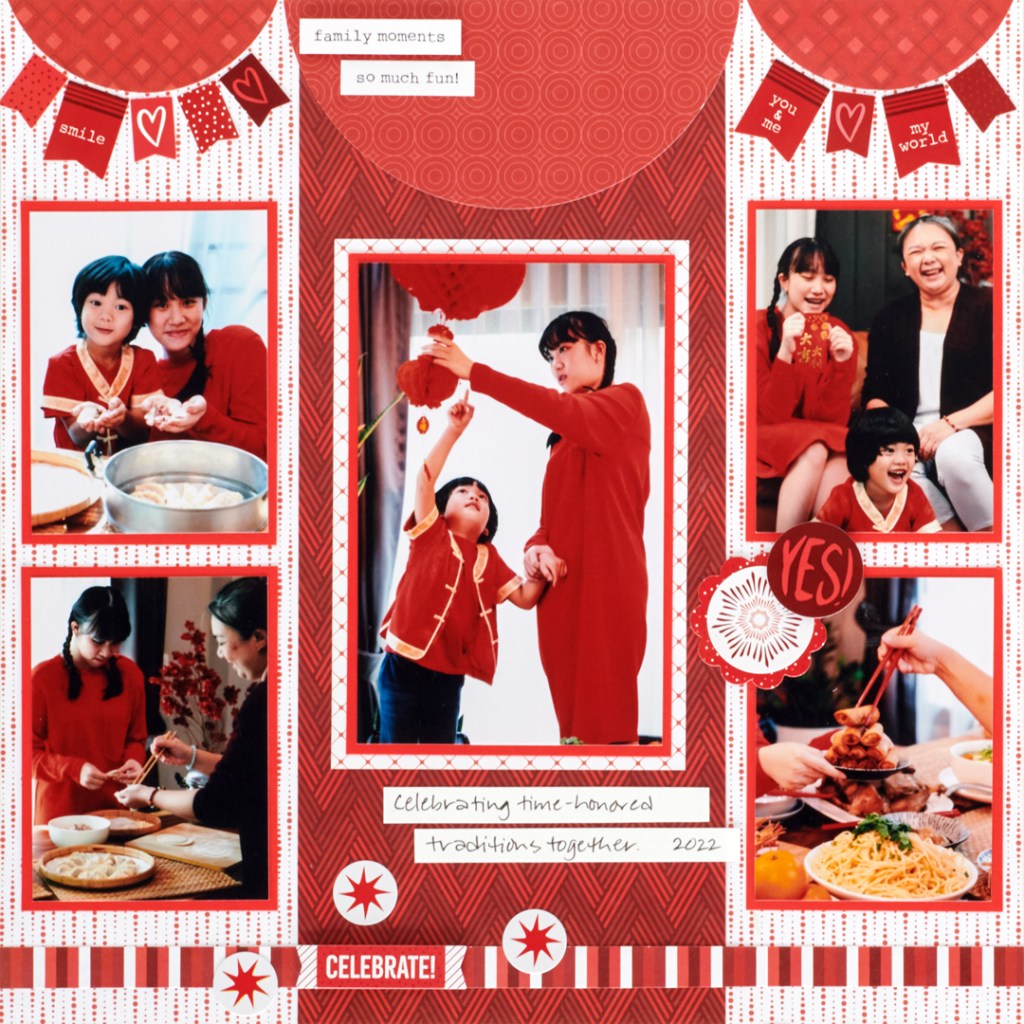 Red-themed scrapbook layout with five photos of a family and stickers.