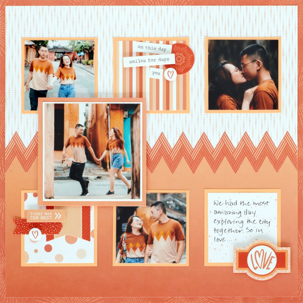 Orange-themed scrapbook layout with four photos of a couple exploring a city and stickers.
