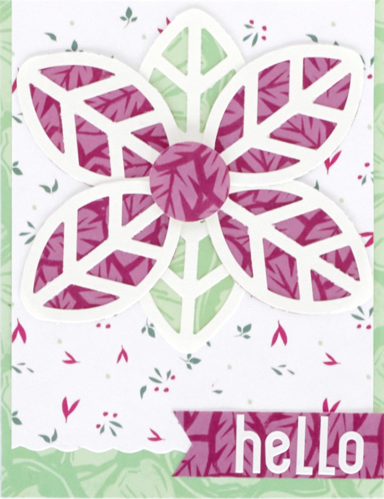 Generic green and purple card with a floral design created with a leaf punch and a title that says hello.