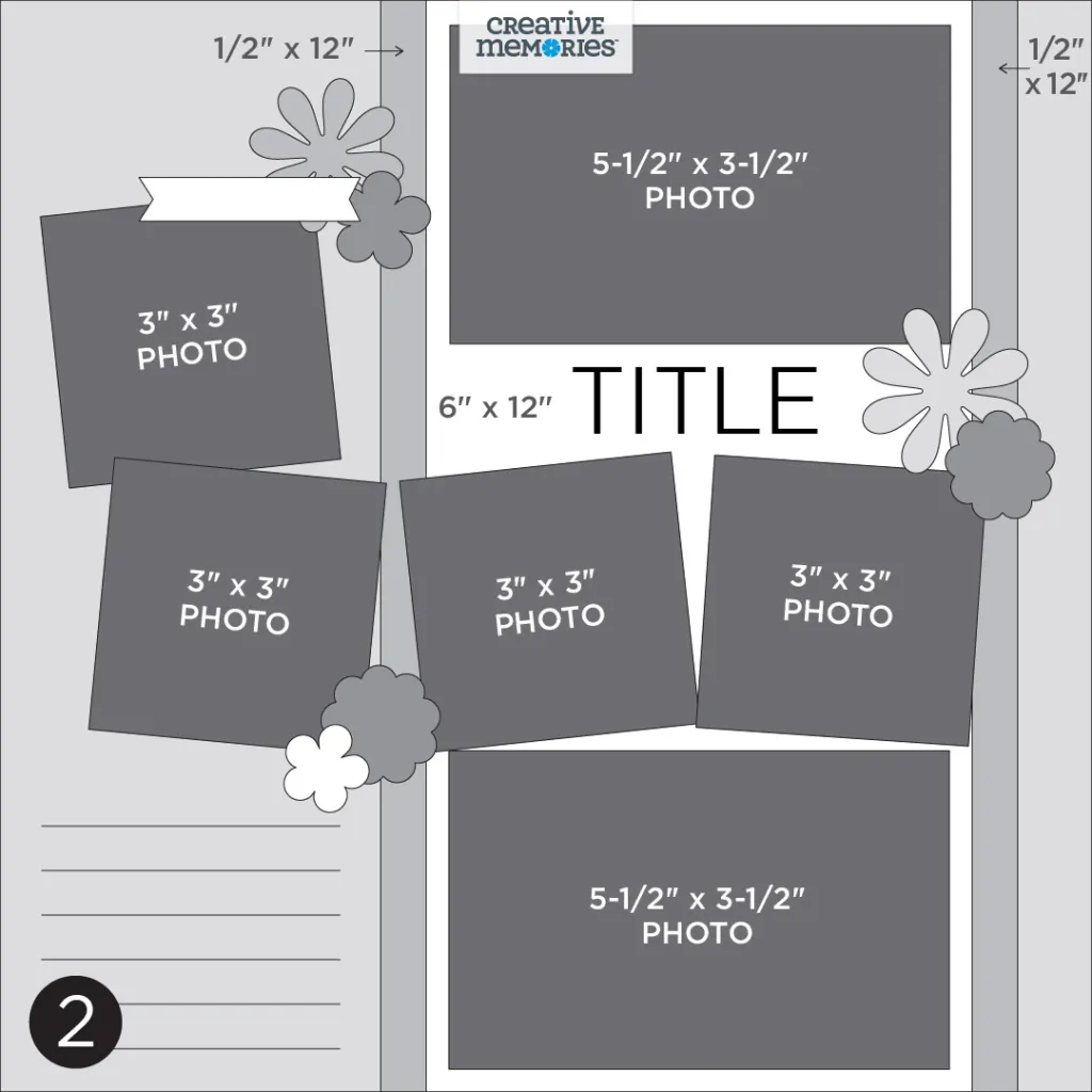 One-page gray tonal sketch with six photo placeholders, a title, journaling and embellishments.