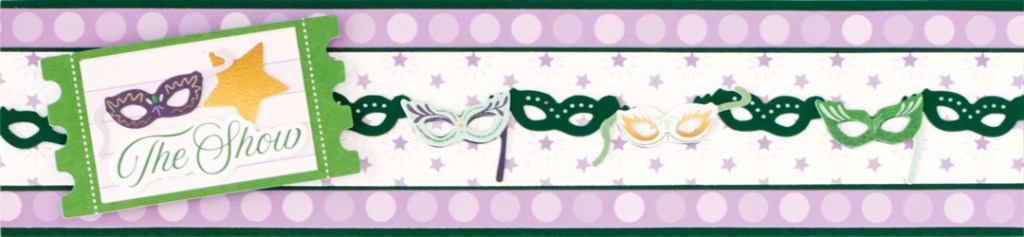 Carnival-themed scrapbook border with masquerade mask punchouts and a ticket stub embellishment.