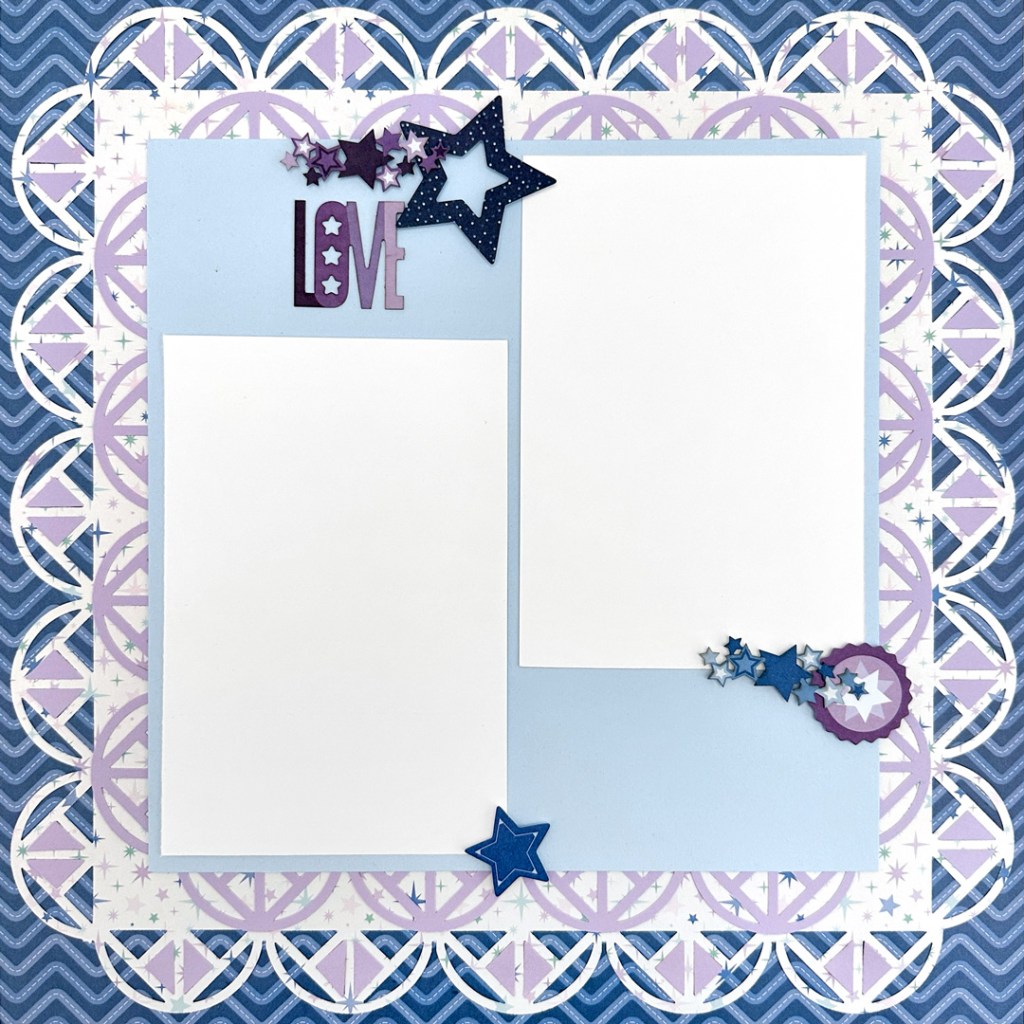 Purple and blue layout idea with star embellishments and a decorative frame border.