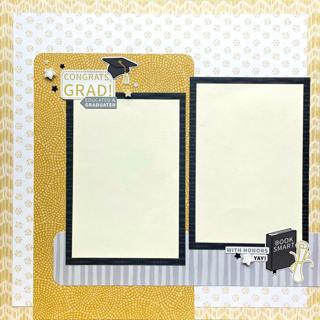 Silver and gold graduation-themed layout with two photo placeholders and layered stickers.