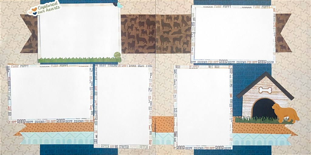 Dog-themed two-page spread with five photo placeholders, large banners and embellishments.