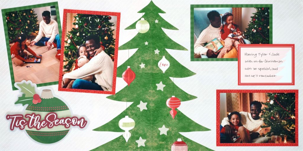 Christmas-themed two-page scrapbook spread.