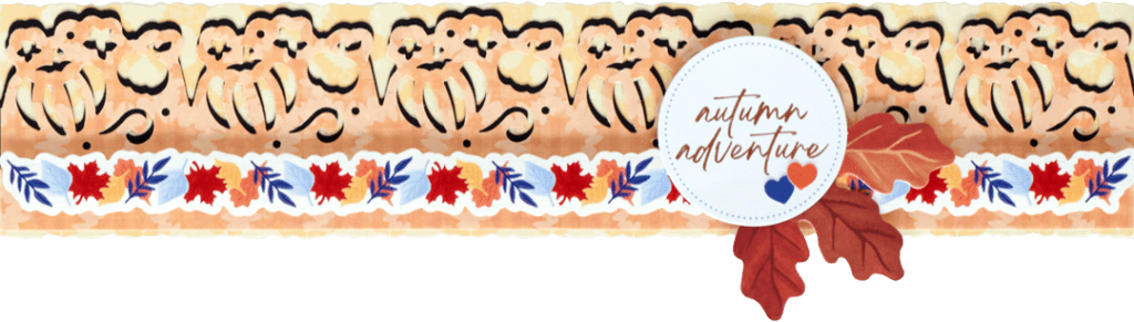Fall-themed scrapbook border with a pumpkin punch border, leave stickers and embellishments.
