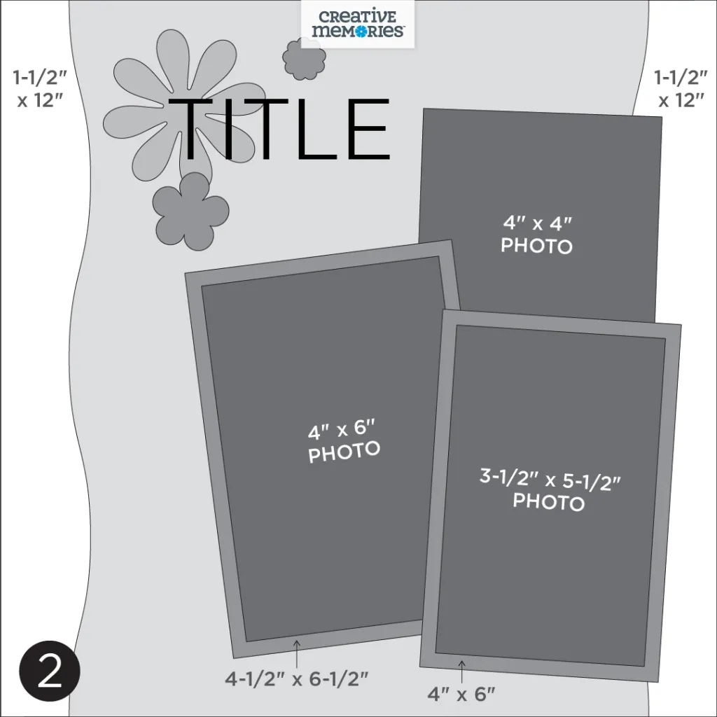 One-page gray tonal sketch with three photo placeholders, a title and embellishments.
