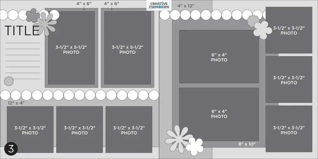 Two-page gray tonal sketch with 10 photo placeholders, journaling and embellishments.