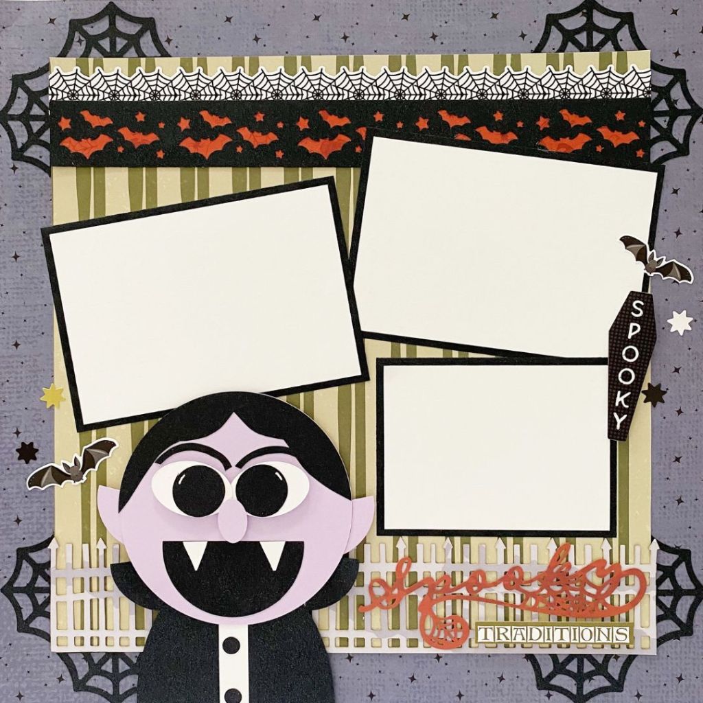 Halloween themed scrapbook layout with a decorative paper vampire.