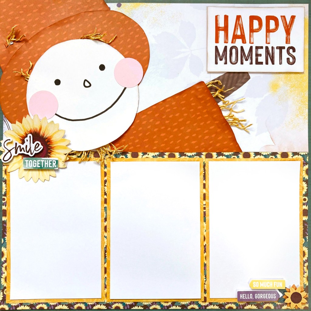 Fall themed scrapbooking layout with a decorative paper scarecrow.