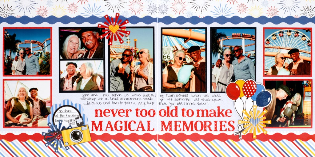 Two-page amusement park themed scrapbooking spread.